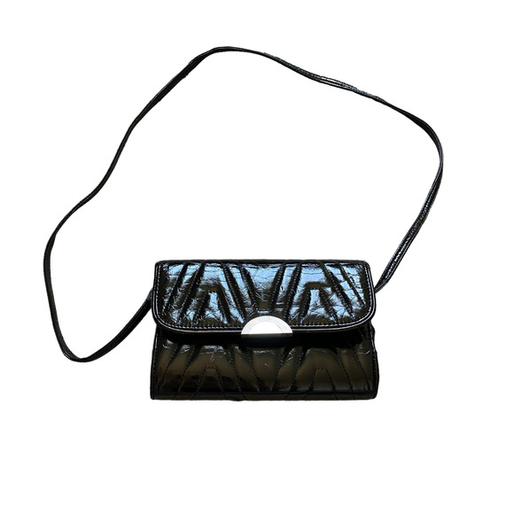 Coldwater Creek Handbags - Coldwater Creek Black Patent Leather Clutch Textured Silver Halfmoon Hardware